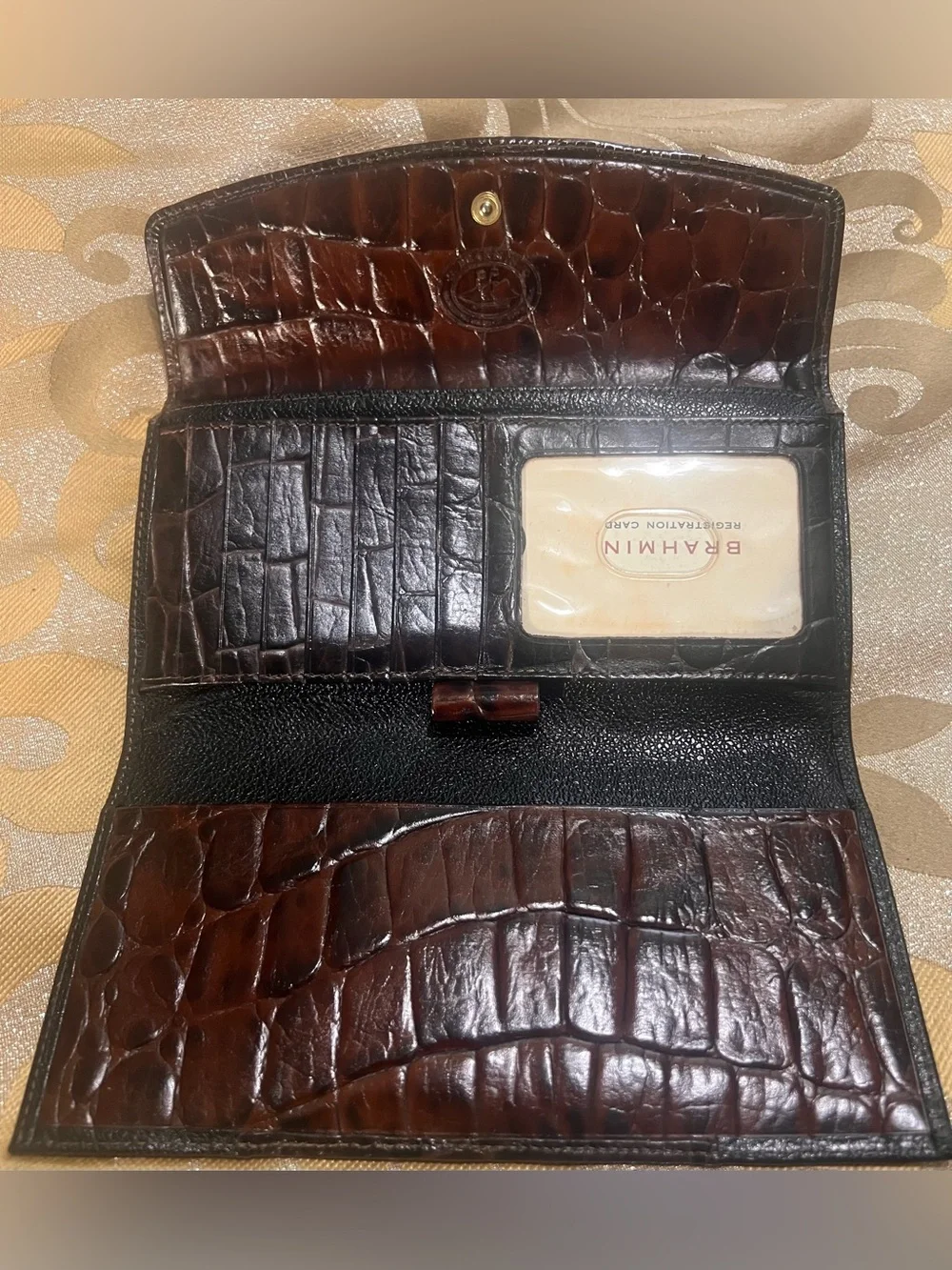 Vintage Brahmin Two-Tone Leather Tri-Fold Checkbook Wallet- Black & Brown Croc